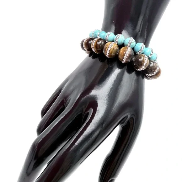 Turquoise Color & Tiger's Eye Bead Stretch Bracelets w/Banded Rhinestone Inlay - Picture 6 of 7